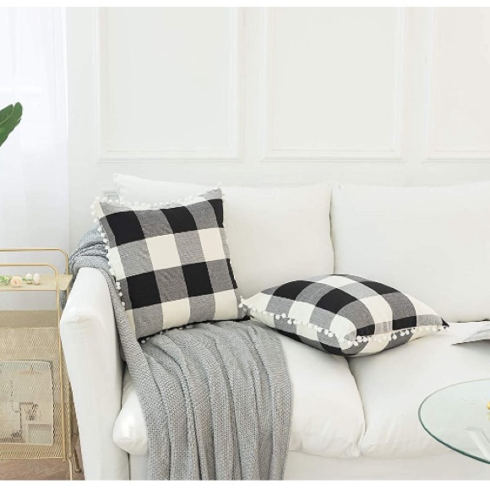 Classic Black/White Gingham Pompom Farmhouse Preppy Throw Pillow Cover Twin Set - Picture 2 of 10